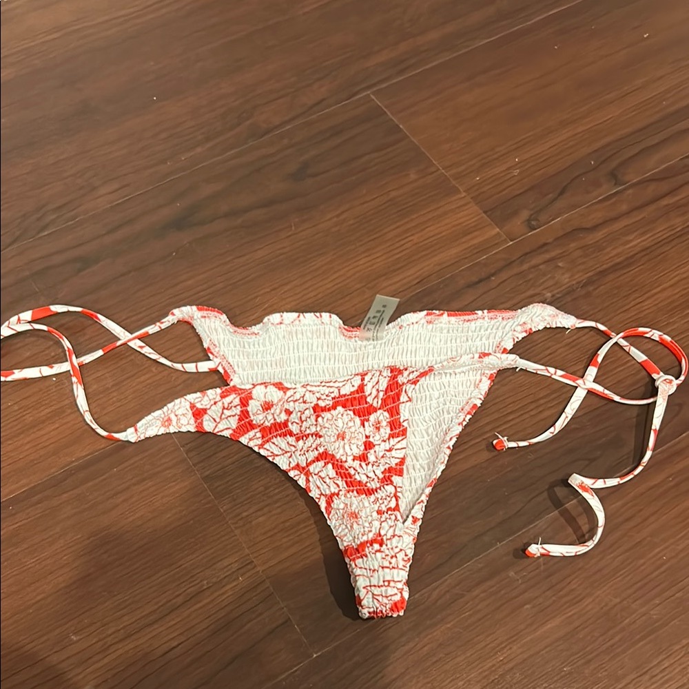 Red and White Thong Bikini with Floral Pattern
